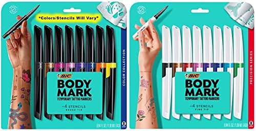 Marcadores de tatuagens temporárias de marca de corpo BIC para coleta de pele, coleta de cores e marcadores temporários de tatuagem temporária para a pele, série de precisão, dica fina, pacote de 8 contagens de cores variadas, segurança da pele*