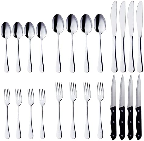 Talheres de 24 peças com facas de bife, conjunto de talheres de aço inoxidável Suotarn para 4, utensílios de alimentação em casa para festas em casa, incluem facas de facas de garfos, lava-louças seguras, prata
