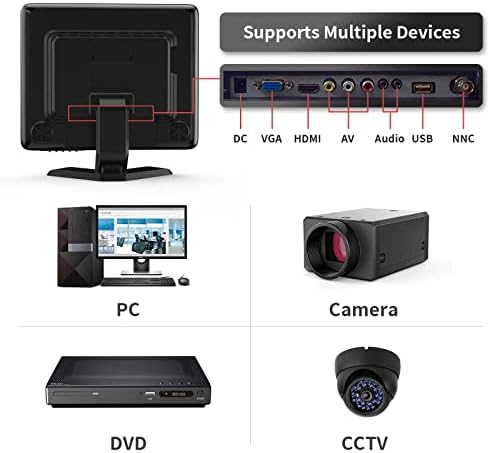 15 CCTV BNC Monitor VGA HDMI AV, 4: 3 HD Tela de segurança LCD com player de unidade USB para câmera de vigilância STB