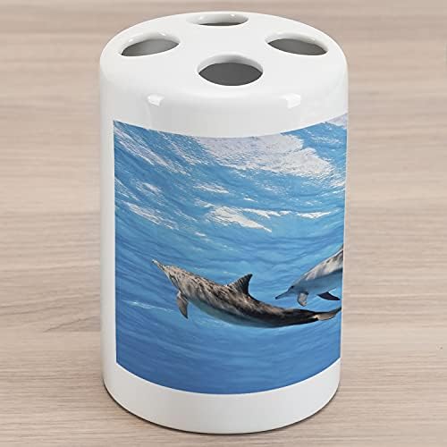 Ambesonne Dolphin Cerâmica Polícia de dentes, fotografia subaquática de golfinhos Felizmente nadando o oceano Vida animal impressão impressão de imagem, bancada versátil decorativa para banheiro, 4,5 x 2,7, cinza azul