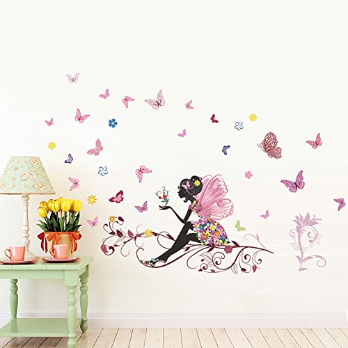 Wallpark Romantic rosa flor fada menina liberando borboletas decalque de adesivo removível de parede, sala de estar