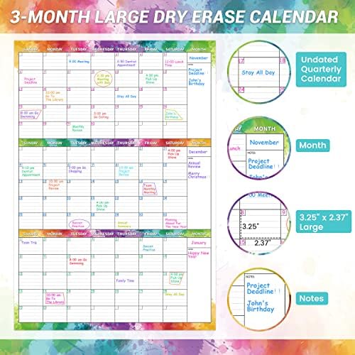 Grande calendário de apagamento seco para parede - calendário de 3 meses, calendário de apagamento a seco, calendário de