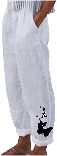 Calça de linho de algodão CRUPPED MULHERES CAPRI CASual Casual com bolsos calças de leão de leão de dente -de -leão