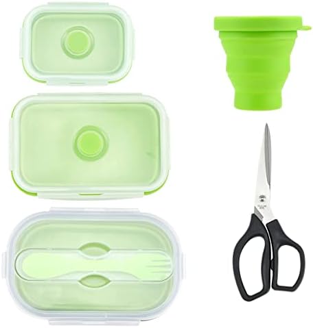 Lancheira de silicone com colher de garfo duplo uso e recipiente de armazenamento de alimentos de silicone dobrável - xícara de viagem dobrável de silicone - tesouras de cozinha - para conjunto de cozinha interno e conjunto de viagens ao ar livre - 5 pcs