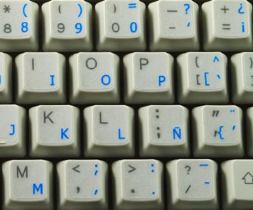Adesivos de teclado espanhol com letras azuis em fundo transparente