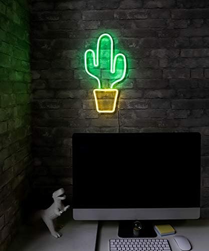 Isaac Jacobs 19 ”x 10” LED CACTUS NEON GREEN com sinal de parede de plantador amarelo para luz fresca, arte da parede, decorações de quarto, acessórios para casa, festa e decoração de férias: alimentado por fios USB
