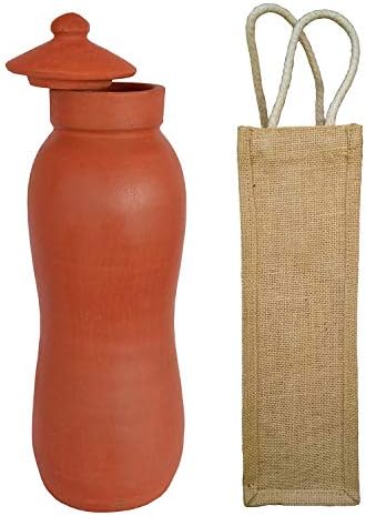 CreativeGifts Terracota de argila artesanal/garrafa de água não vulcorosa + Bolsa de juta 1000 ml benefícios para a saúde