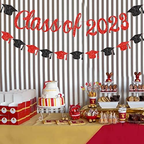 Classe de 2023 Banner - Decorações de graduação em vermelho e preto 2023, Bachelor Cap Garland, Parabéns Decoração de Festas