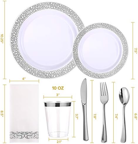 175 peças Conjunto de jantares de prata 25 Placas de plástico de renda prateada-50 prata-Prata de plástico prateado Prata