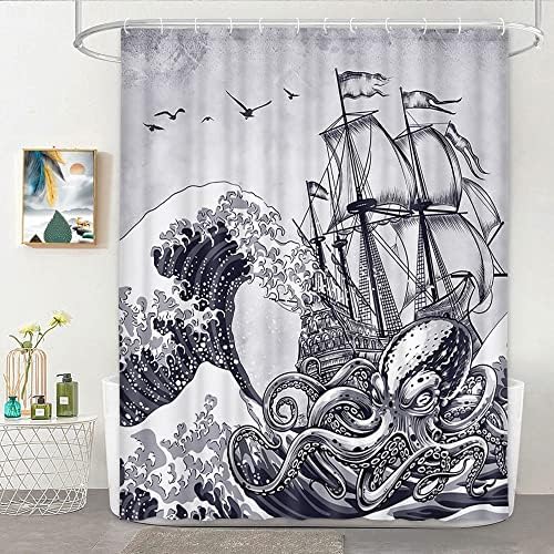 Cortina de chuveiro náutico de polvo, cortina de chuveiro kraken conjunto com ganchos para banheiro cinza e branco