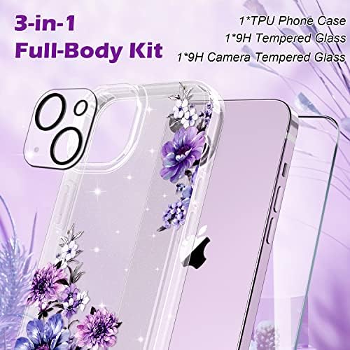 Okp Clear Glitter Flower Case para iPhone 14 Plus para mulheres meninas, padrão de maçã Floral Pattern Apple Case de proteção de 6,7 polegadas com protetor de tela e protetor de lente de câmera, roxo floral
