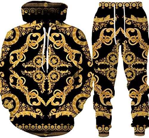Cadeia de padrões de ouro 3D Impresso Homens de capuz masculino Set Street Pullover Troushers Suits Mens Roupas