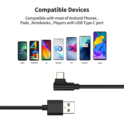 1ft ângulo reto USB C Carregamento rápido, 3 pacote de 3 pacote de 90 graus a USB Tipo Crente Creno 3A compatível