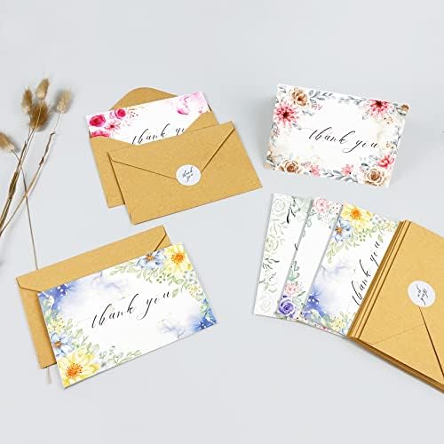 Biturat 48 Watercolor Flower Agradecemos Cartões com envelopes e adesivos, Floral Agradecemos cartões de nota Bulked