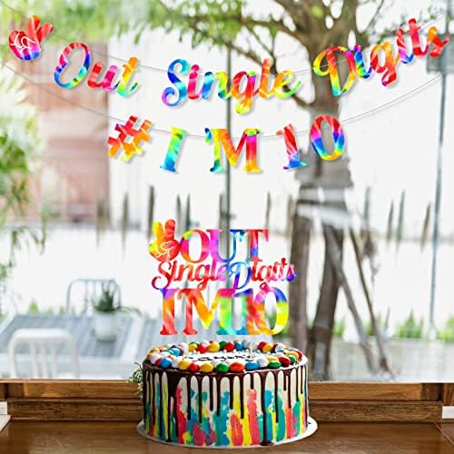Tie Dye 10th Birthday Banner Girl, Double Digits Birthday Banner Garland com design exclusivo Paz de um dígito I'm 10 Cake