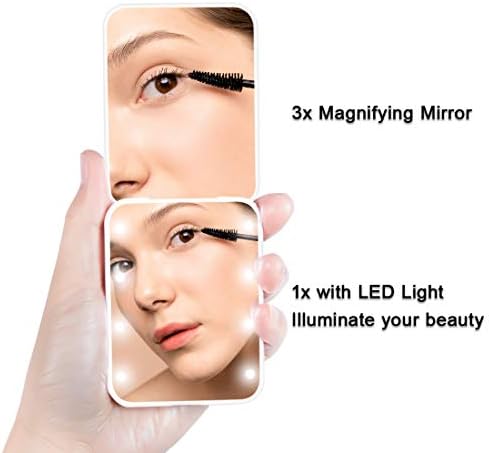 Espelho de ampliação de 10xx com uma pinça de sobrancelha,+ espelho compacto com luz LED, espelho de ampliação 1x/3x, espelho