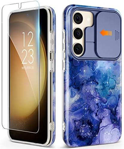 Case GViewin Compatível com o Samsung Galaxy S23 com tampa da câmera deslizante + protetor de tela, [10ft GRAVE MILITAL Testado] Marble