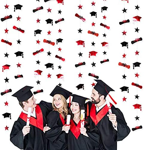 Decorações de graduação preta vermelha 2023 Chapéu de graduação Diploma Estrela Garland Banner Bunting Freather Centrop para Festa
