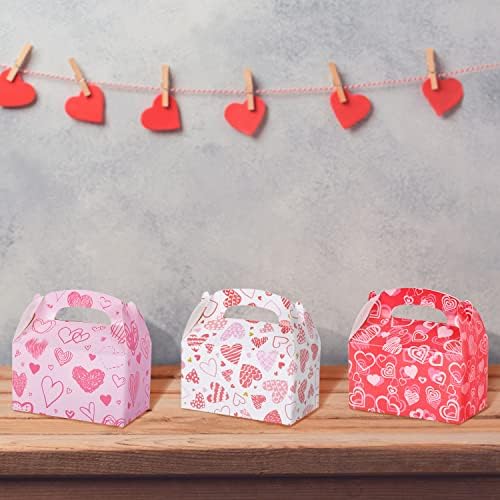 Gatherfun 24 peças Dia dos namorados Pink Hot Pink Heart Love Treat Boxes Candy Boxes Boxes Caixas de papelão com alças para