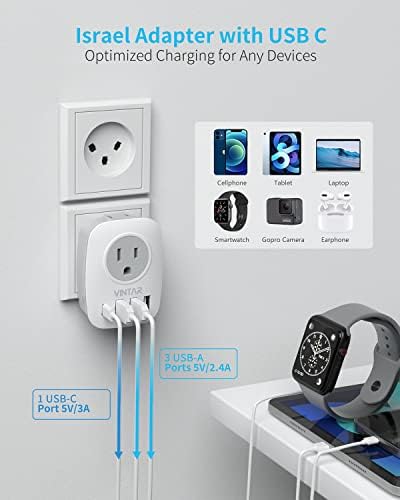 [2-PACK] Adaptador de energia de Israel, adaptador de plugue de Israel Vintar com 1 USB C, 3 portas USB e 2 pontos de venda americanos,