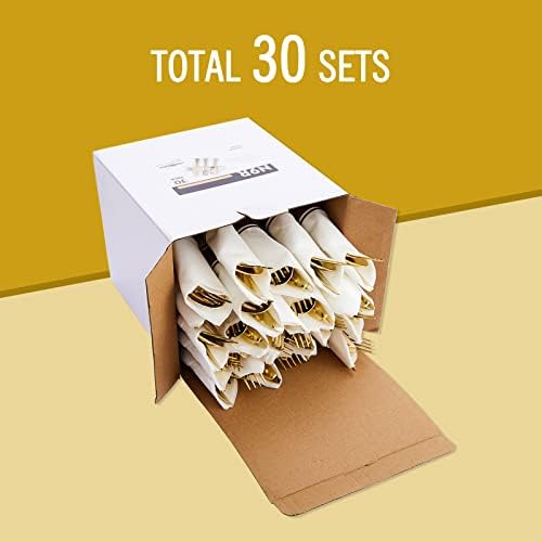 N9R 30 pacote de talheres de plástico de ouro pré -enrolados, conjunto de talheres de plástico embrulhado com 30 garfos, 30 facas, 30 colheres e 30 guardanapos, talheres descartáveis ​​para festa e casamento