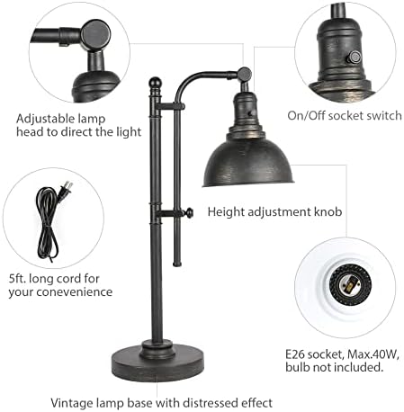 Lâmpada de mesa industrial de vonlucte preto, lâmpada de mesa rústica Lâmpada de tarefas em acabamento de bronze antiquado, lâmpada