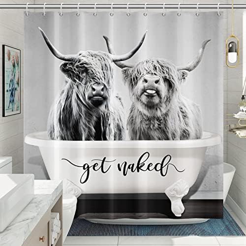 Defouliao Gray Highland Cow Shower Cretadens para banheiro ， Fung Farmhouse Western Obtenha cortina de chuveiro nu com ganchos
