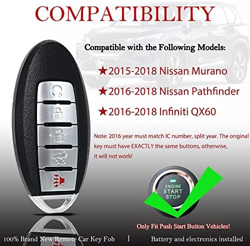 Chave FOB Substituição remota para Nissan Murano 2015 2017 2018/Nissan Pathfinder -2018/Infiniti QX60 -2018 KR5S180144014 CONTROLE DE REMOTO DE ENTRADA CHAVE