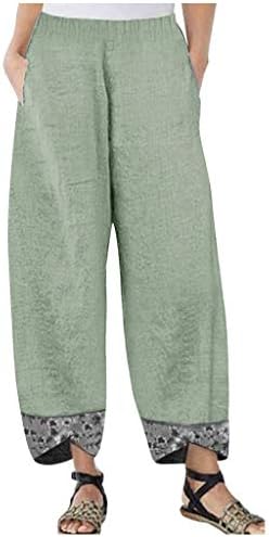 Calças de linho de algodão da feminina meymia Moda a cintura alta respirável Smocked Strelch perna larga capris com bolsos