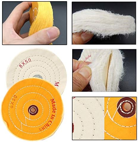 Conjunto de algodão de algodão de roda de roda de 8 polegadas Carkio, algodão de pano de 50 dobras com rodas de polimento espesso extra com buraco de arboras de 1/2 , para ferramenta de reprodinador de bancada, branco e amarelo, 2 pacote