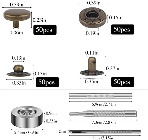 Tlkkue 50 Sets Kit de fixadores de preços de barro de bronze de 10 mm Kit de botões de estalo de metal de bronze com 4pcs Ferramentas