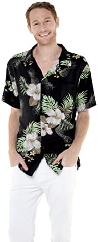 Casal combinado de camisa luau havaiana ou mini vestido Rahee em abacaxi jardim preto