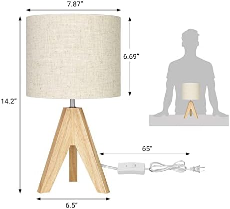 Lâmpada de mesa de cabeceira de Dewenwils, candeeiro de mesa de tripé madeira com tom de tecido de linho, pequena lâmpada