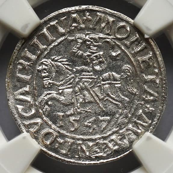 1547 PL Polônia Polonês Lituânia 1/2G Cavaleiro medieval 1/2 Moeda de prata bruta 1/2 Groschen MS-63 NGC