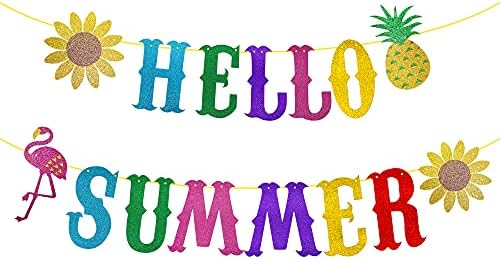 Olá banner de verão, Glithery Hello Hello Summer Decorações para escritório em casa, Olá, decoração de festa de aniversário de verão, girassol flamingo de abacaxi havaiano decoração