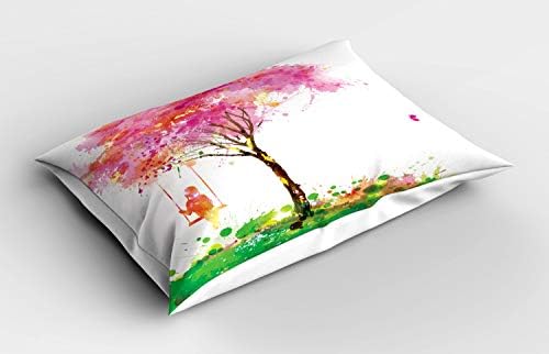 Ambesonne Spring Pillow SHAM, Spring Blossoming Tree e Sonhador Garota em Memórias de Chilhood Swing Arte em aquarela,