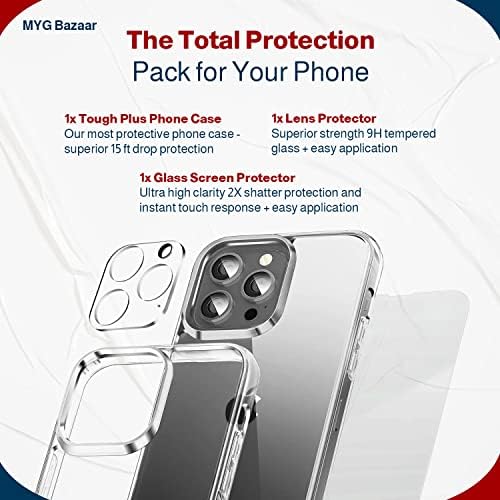 Myg bazar compatível com o iPhone 14 Pro Clear Case, 3 em 1, 1, Soft & Flexible TPU Cristal Clear, resistente a arranhões, com 1 protetor de tela de vidro temperado e 1 protetor de lente da câmera.