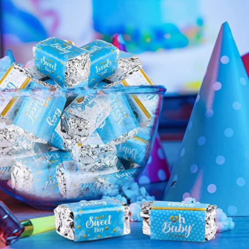 150 peças azuis Baby Shower Candy Bar invólucros, chá de bebê mini candy bare miniatures favorece adesivos de etiqueta de barra de chocolate para meninos meninos garotos decoração de chá de bebê
