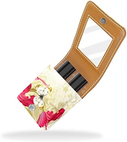 Mini estojo de batom com espelho para bolsa, Retro Floral Butterflies Portable Case Holder Organization