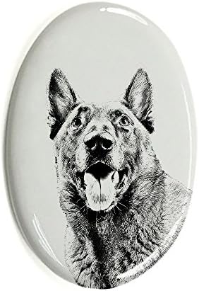 Malinois, lápide oval de azulejo de cerâmica com uma imagem de um cachorro