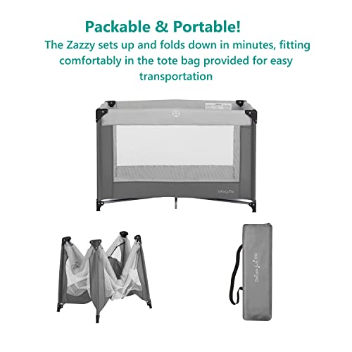 Sonhe em mim Zazzy Portable Playard com bassinet em cinza, embalável e fácil configuração de bebê playard, leve e portátil Playard