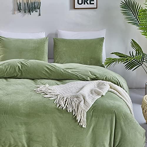 LuxLovery Sage Green Flannel Duvet Capa Conjunto de veludo queen Velvet Com capa de cama de cama de cama de cama verde -verde