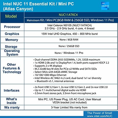 Intel nuc 11 nuc11atkc4 atlas 8gb RAM 512 GB SSD, Canyon Mini PC, Intel Celeron N5105, 2,0 GHz - 2,9 GHz Burst, 4