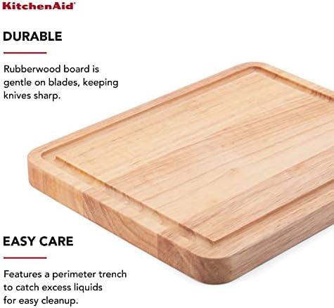 Tábua de corte de madeira clássica de KitchenAid com vala de perímetro, placa de corte reversível, 8 polegadas x 10 polegadas,