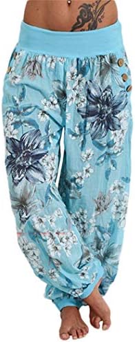 Andongnywell Mulheres imprimem calças de harém amplo hippie boho botão de bolso solto Harém calça de cintura alta calças de praia