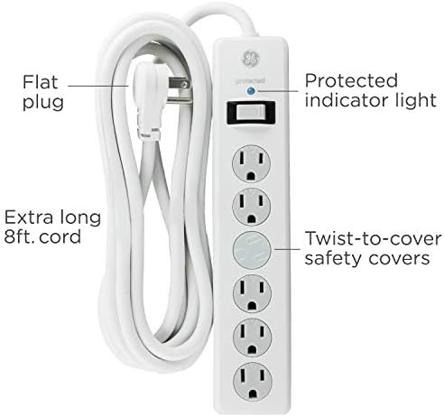 Protetor de pula de saída GE 6, UL listado, branco, 54642 e ge 6-Outlet Superte Protector, UL listado, branco, 46862