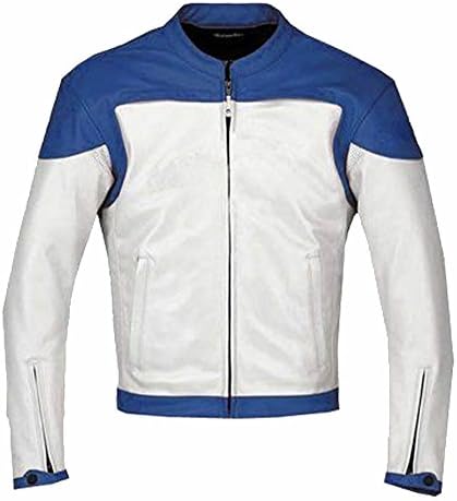 Classyak Moda masculina White & Blue Motorcycle Jaqueta de couro real