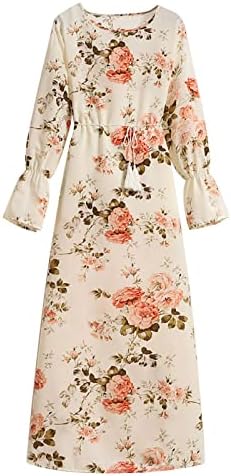 Vestidos de outono feminino Crewneck boho estampa floral maxi vestido casual na cintura alta vestidos longos de chiffon com