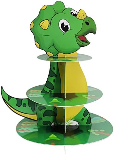 Dinosaur Cupcake Stand 3 Nível, Dinosaur Birthday Party Decorações para meninos infantis, Torre de sobremesa de triceratop de dinossauros fofos, suprimentos de festa temática de dinossauros