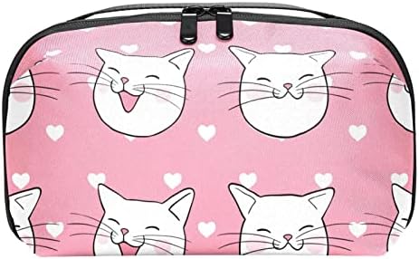 Bolsa de maquiagem de fundo rosa de gatos brancos para bolsa de viagens portáteis de viagens portáteis para saco de beleza de higiene pessoal para mulheres